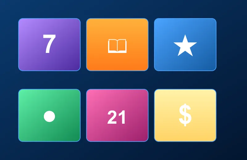 Sześć neonowych kafelków gier casino AMPM: automaty, Book, stoły, jackpot